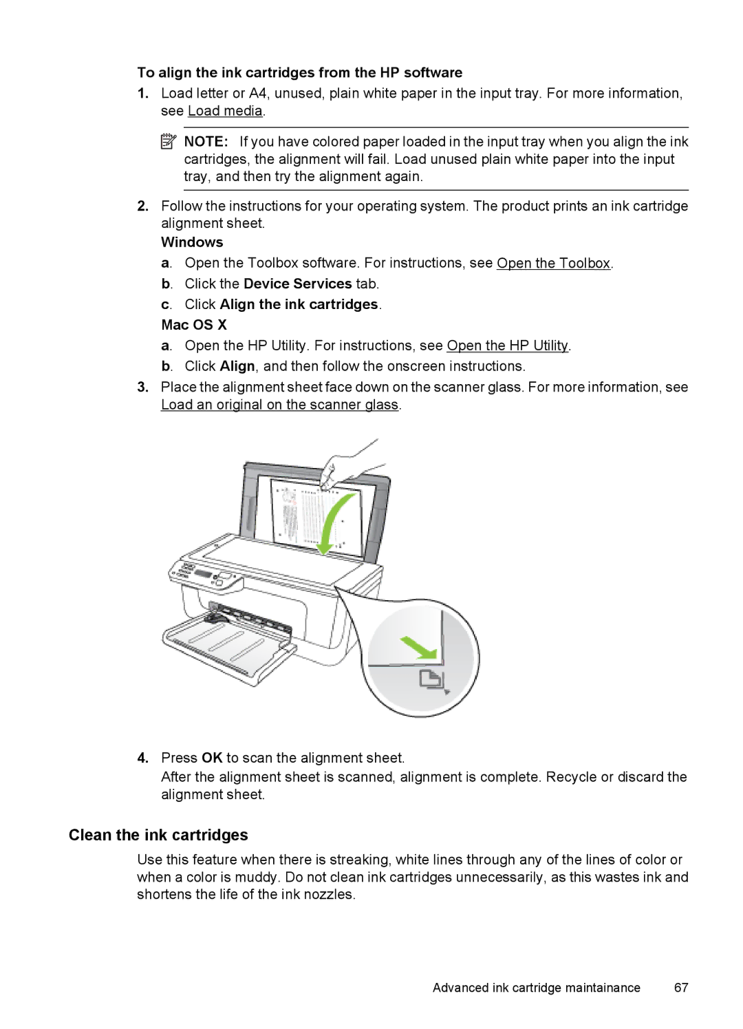 HP 4500 - K7 manual Clean the ink cartridges, To align the ink cartridges from the HP software 