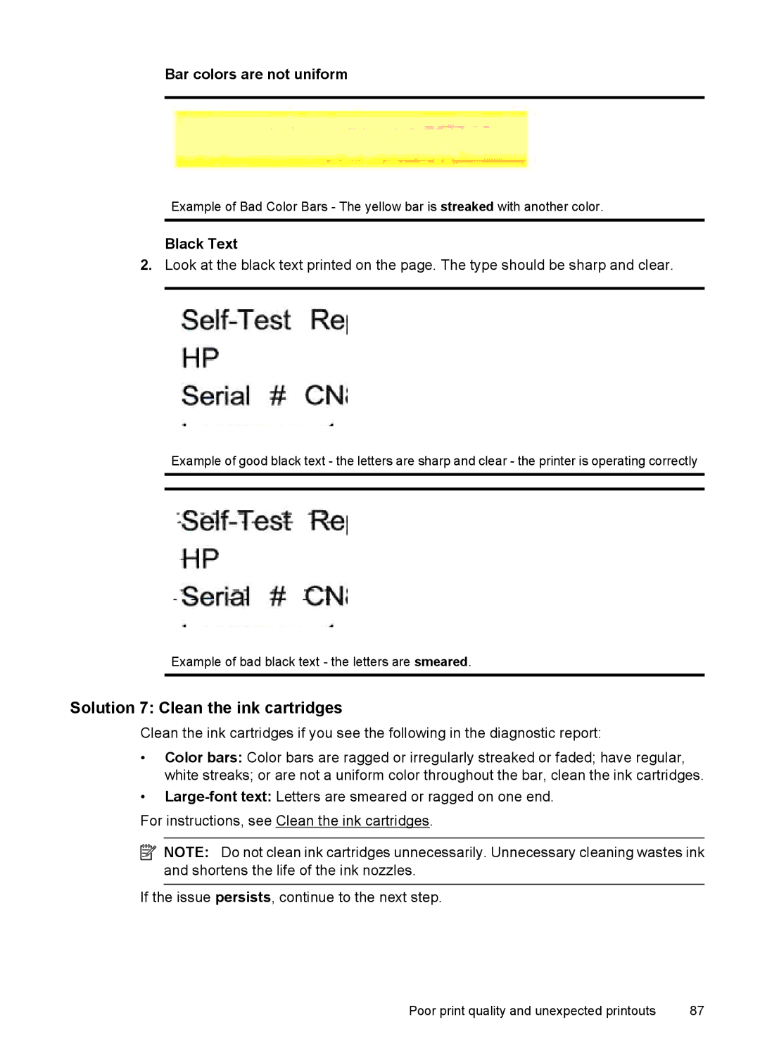 HP 4500 - K7 manual Solution 7 Clean the ink cartridges, Black Text 