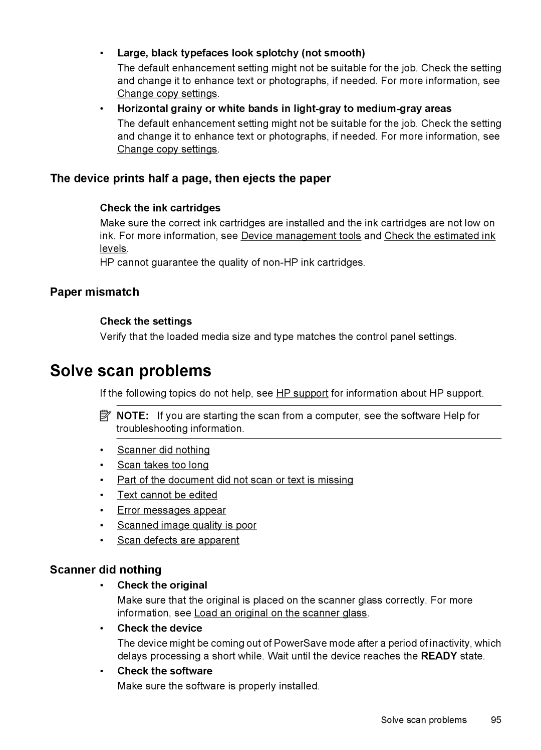 HP 4500 - K7 Solve scan problems, Paper mismatch, Scanner did nothing, Large, black typefaces look splotchy not smooth 