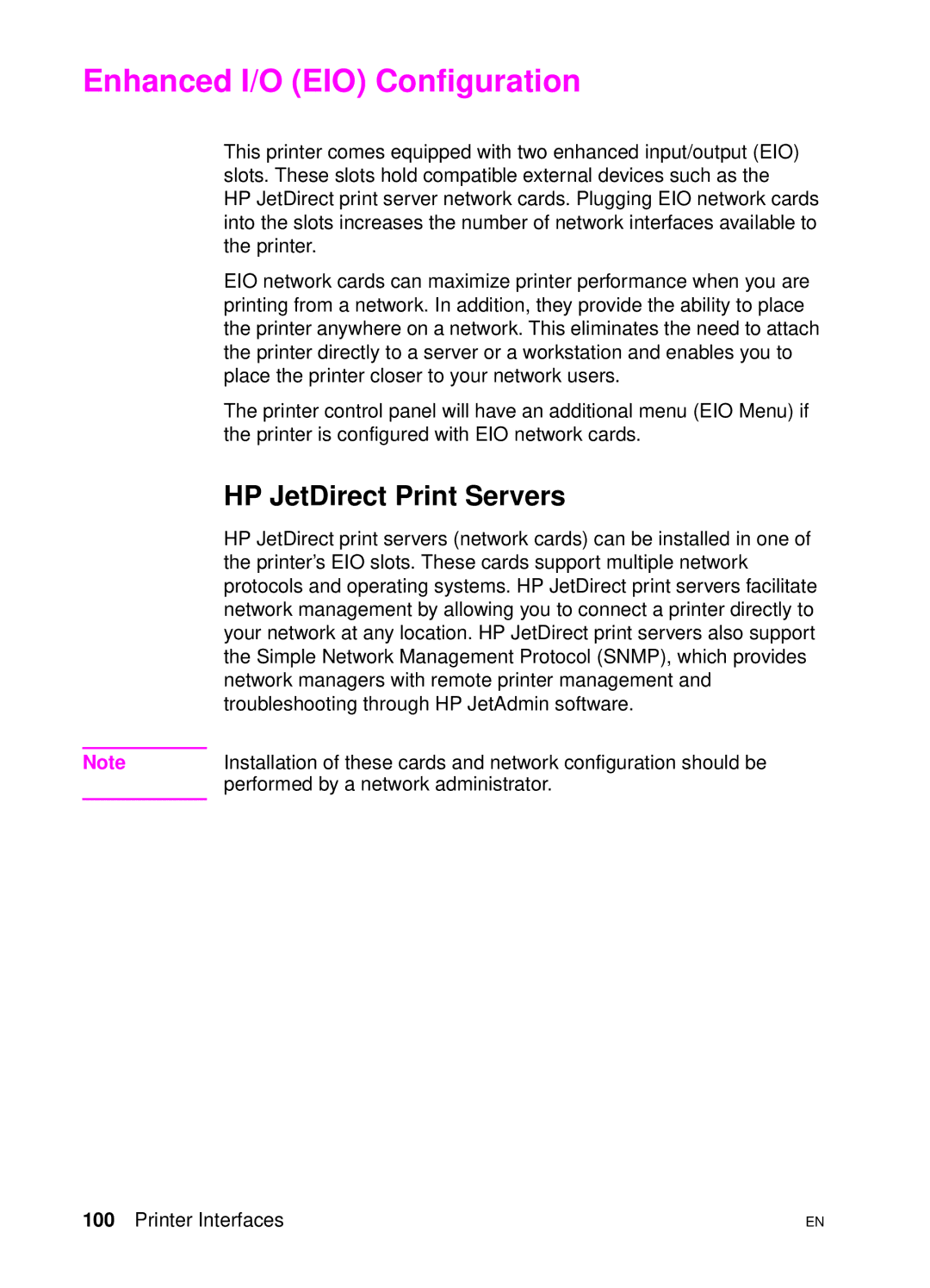 HP 4500 DN manual Enhanced I/O EIO Configuration, HP JetDirect Print Servers 