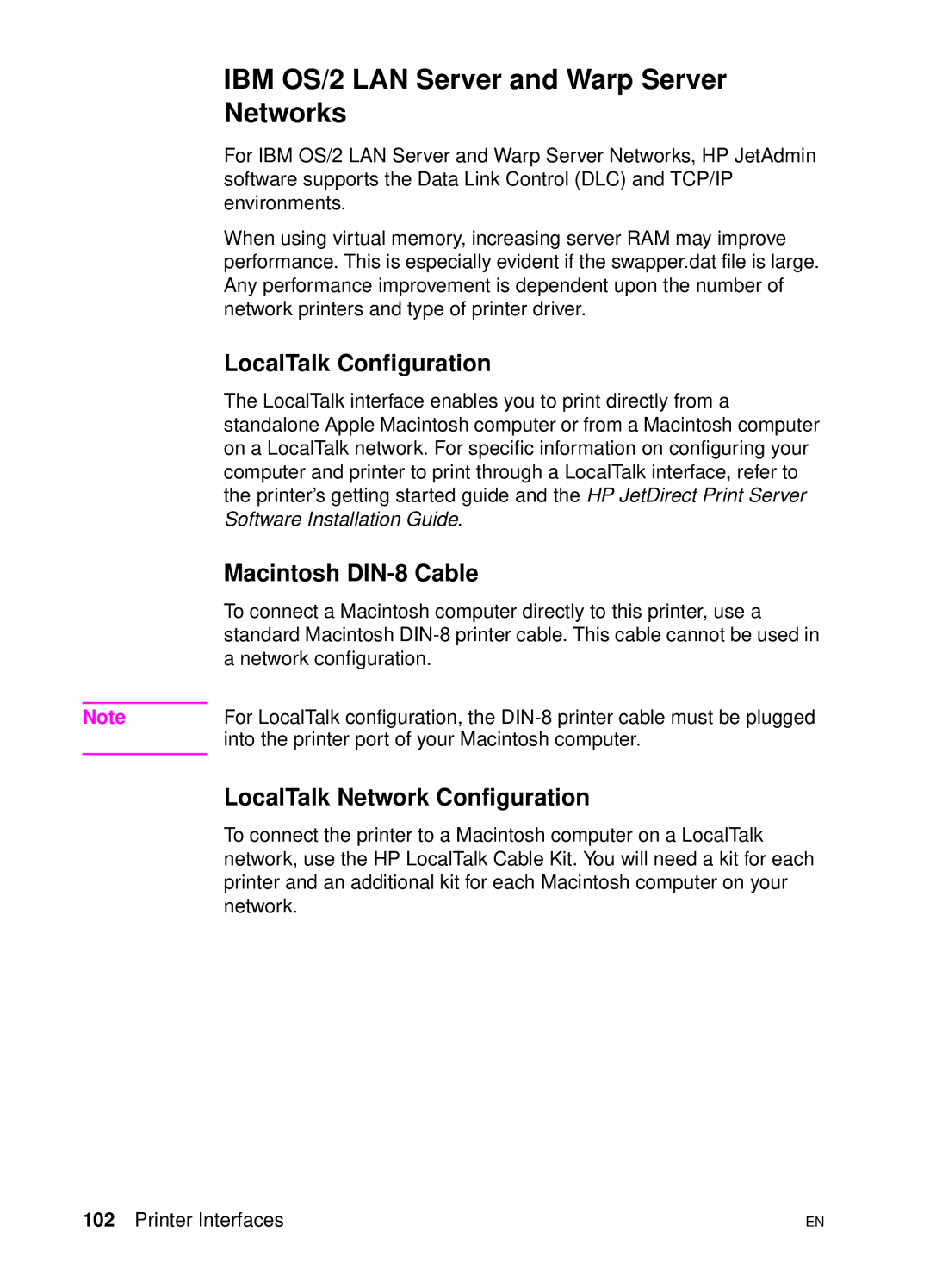 HP 4500 DN manual IBM OS/2 LAN Server and Warp Server Networks, LocalTalk Configuration, Macintosh DIN-8 Cable 