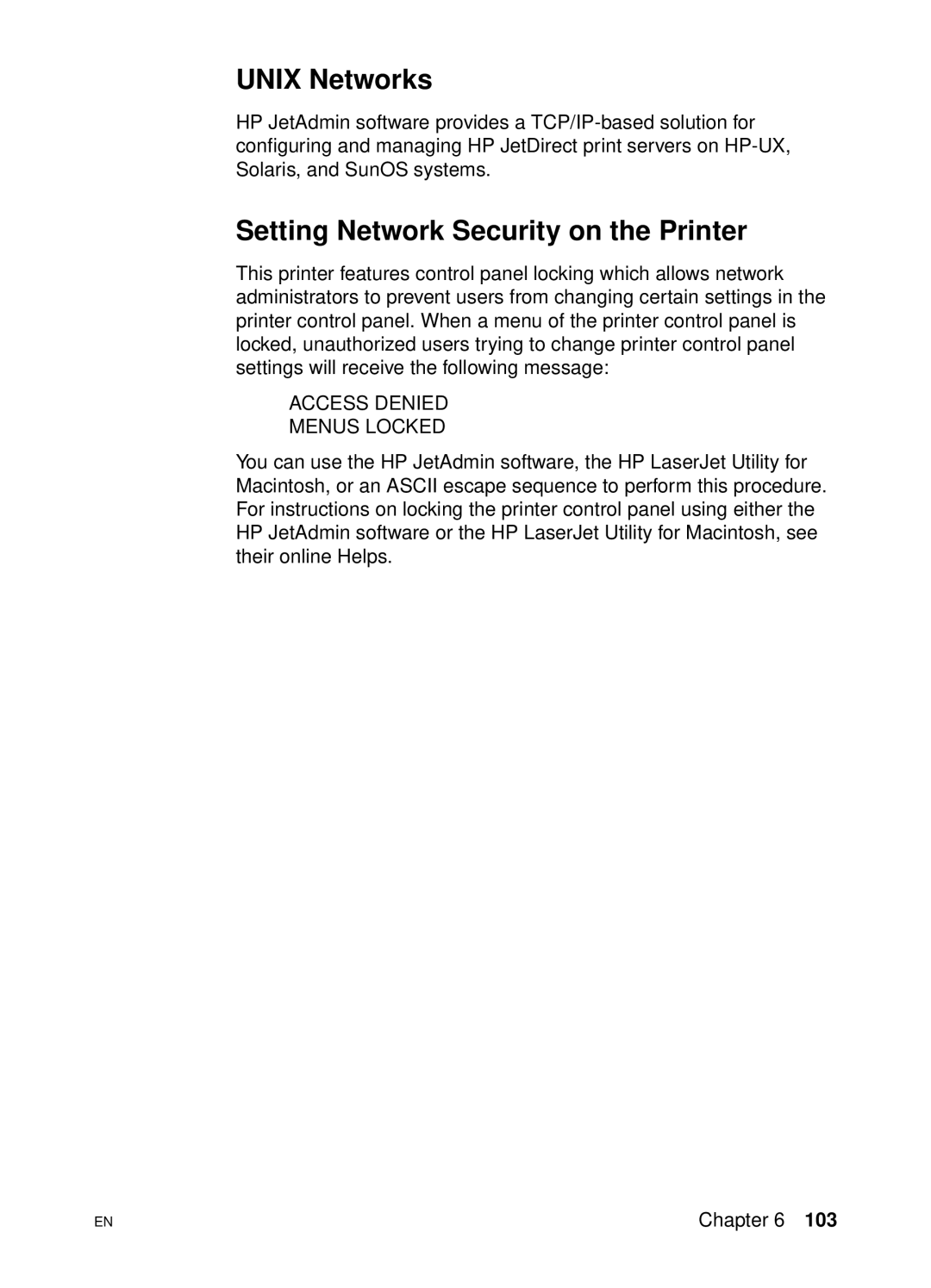 HP 4500 DN manual Unix Networks, Setting Network Security on the Printer 