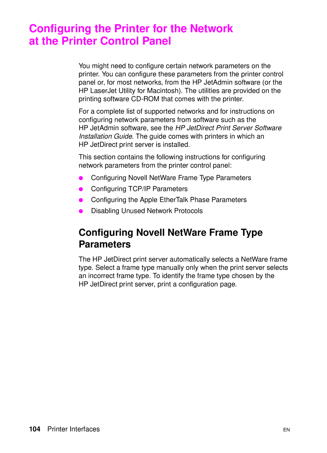 HP 4500 DN manual Configuring Novell NetWare Frame Type Parameters 