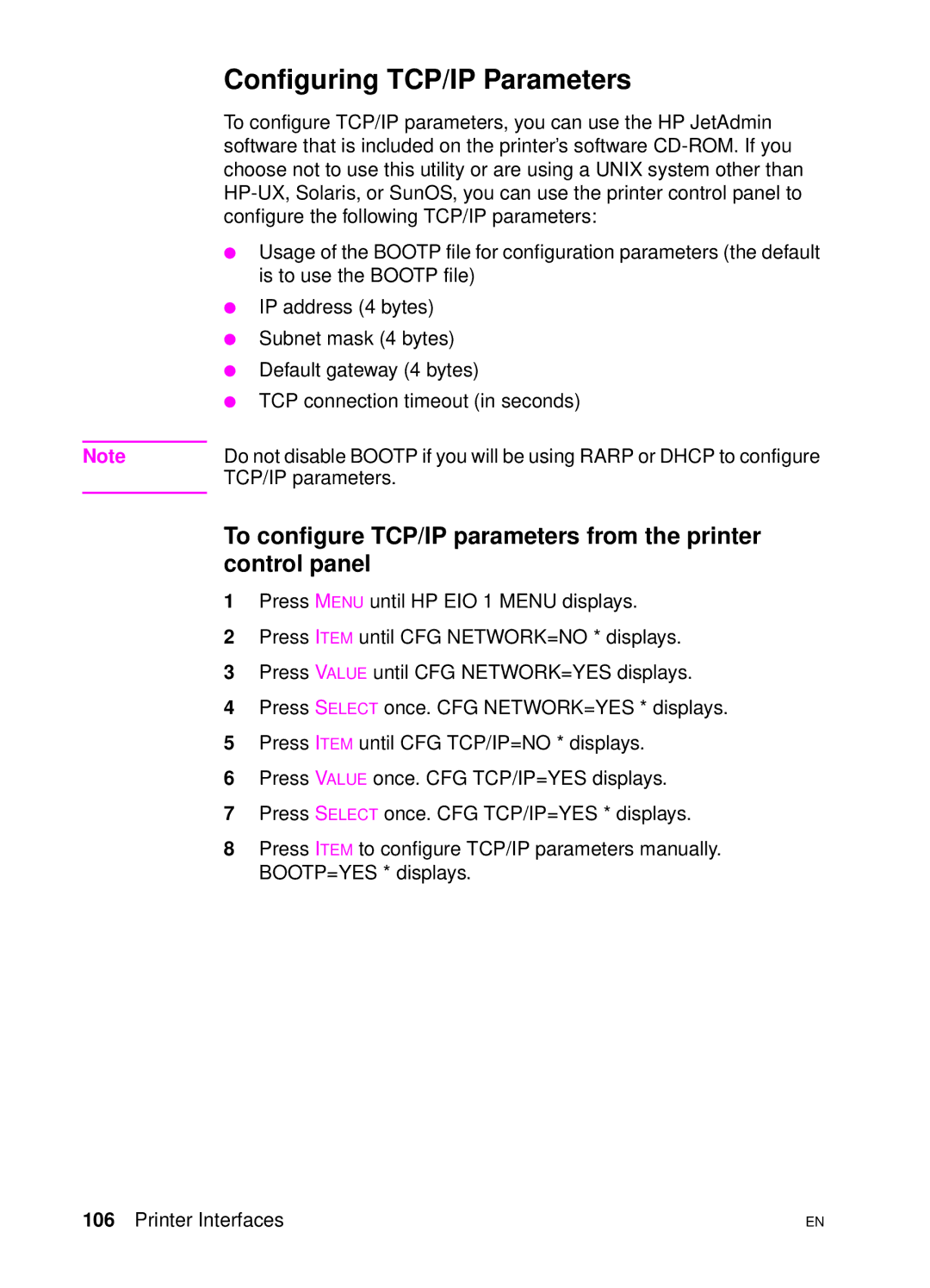 HP 4500 DN manual Configuring TCP/IP Parameters 