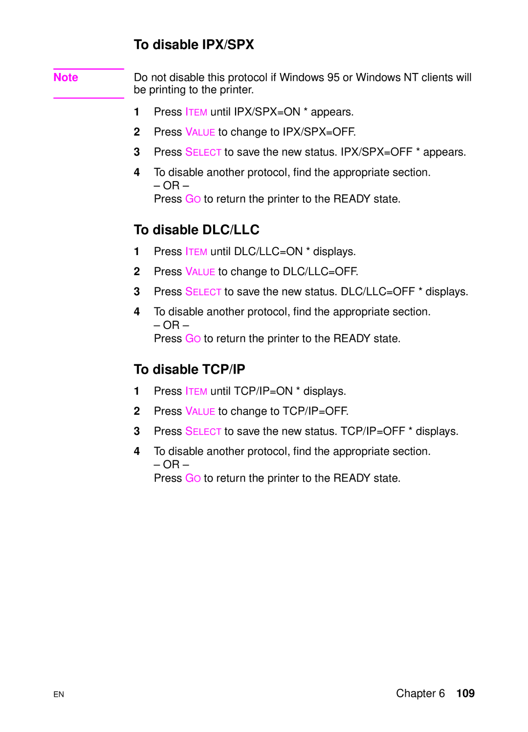 HP 4500 DN manual To disable IPX/SPX, To disable DLC/LLC, To disable TCP/IP 