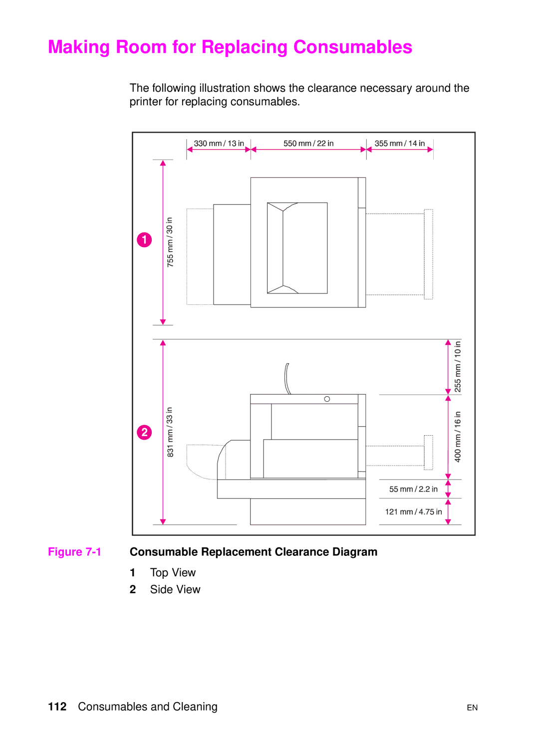 HP 4500 DN manual Making Room for Replacing Consumables, 1Consumable Replacement Clearance Diagram 