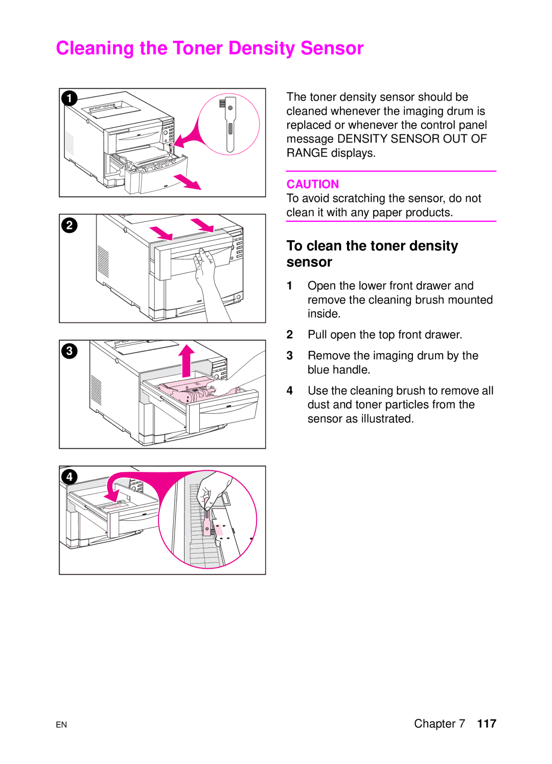 HP 4500 DN manual Cleaning the Toner Density Sensor, To clean the toner density sensor 