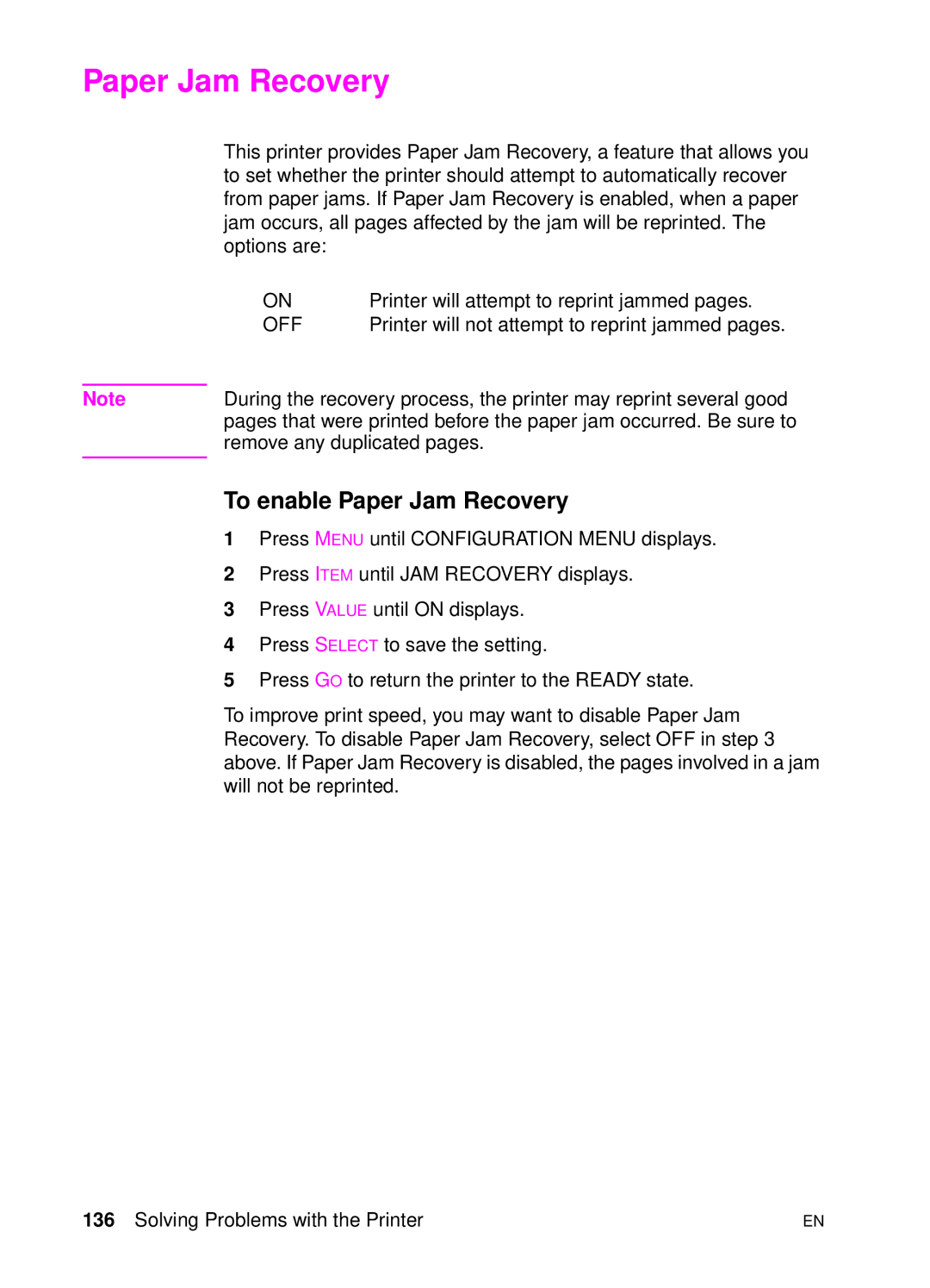 HP 4500 DN manual To enable Paper Jam Recovery 