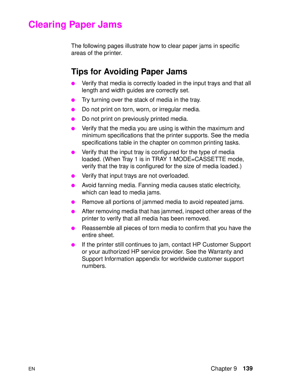 HP 4500 DN manual Clearing Paper Jams, Tips for Avoiding Paper Jams 