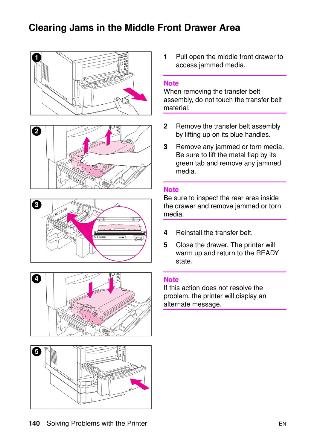 HP 4500 DN manual Clearing Jams in the Middle Front Drawer Area 