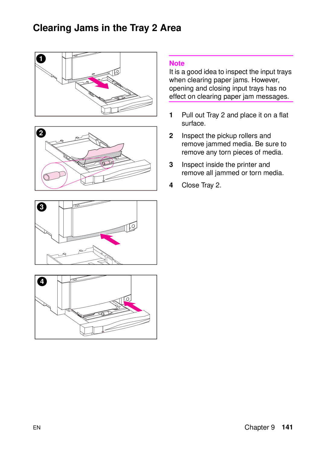 HP 4500 DN manual Clearing Jams in the Tray 2 Area 