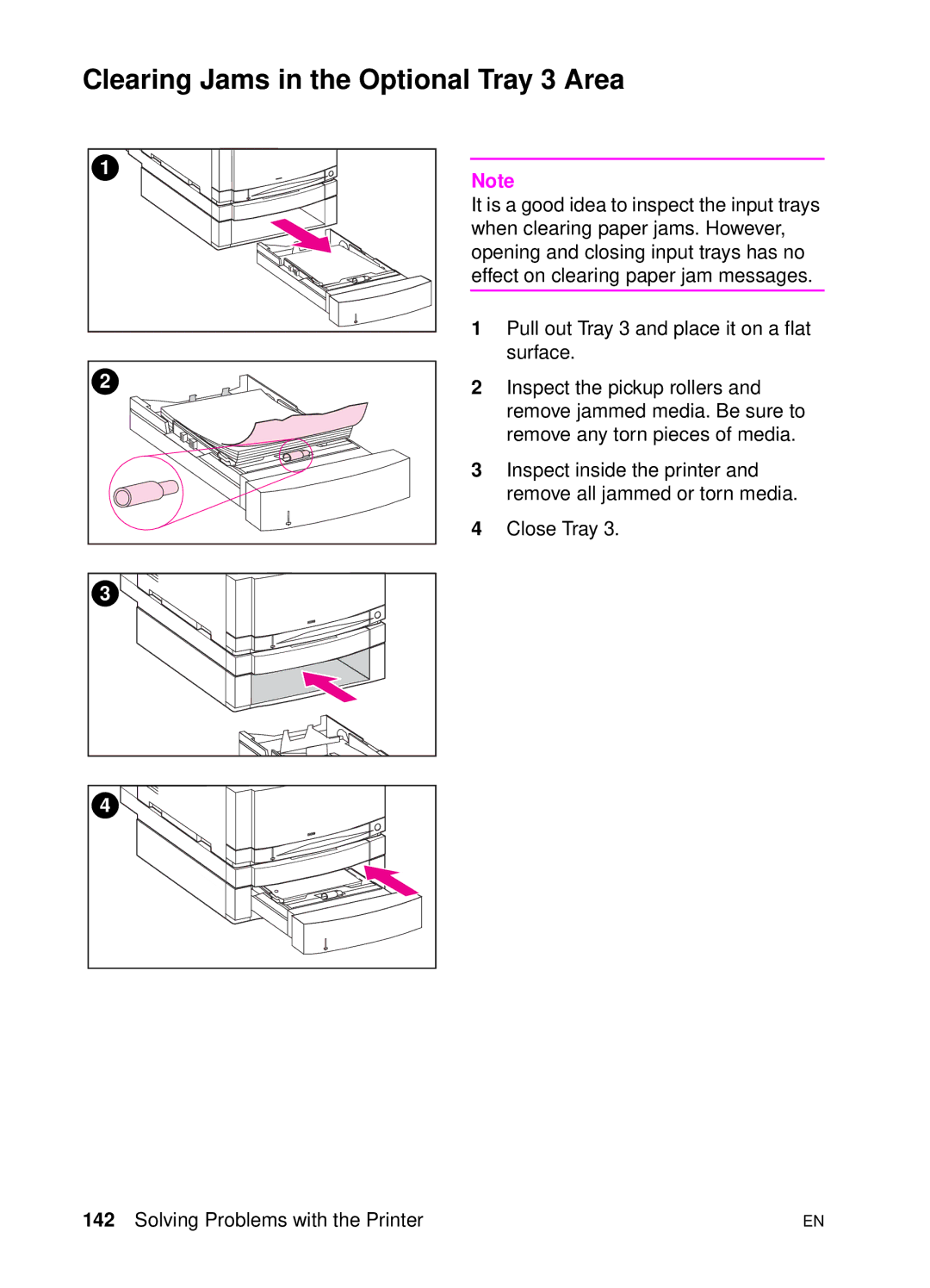 HP 4500 DN manual Clearing Jams in the Optional Tray 3 Area 