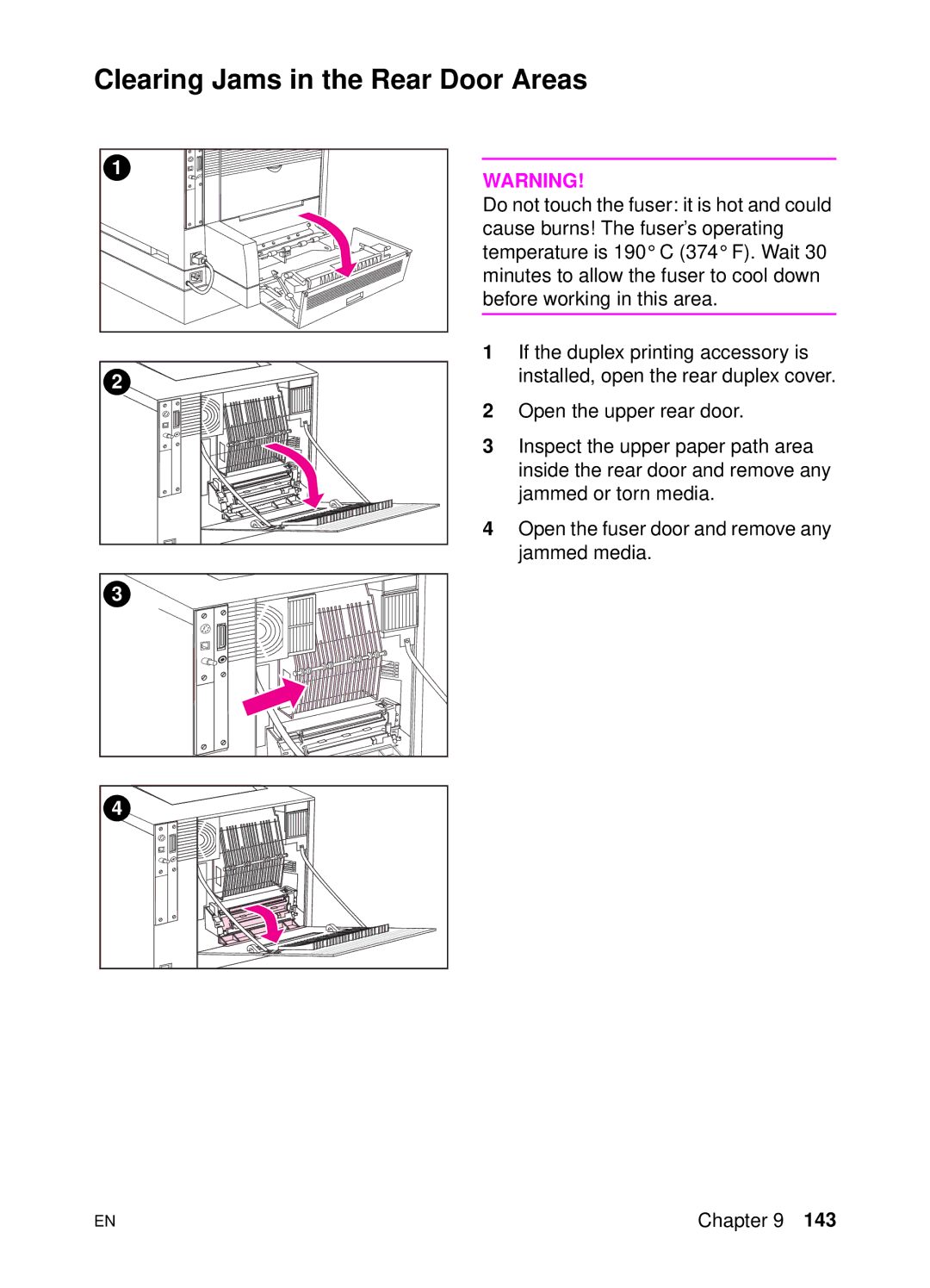 HP 4500 DN manual Clearing Jams in the Rear Door Areas 