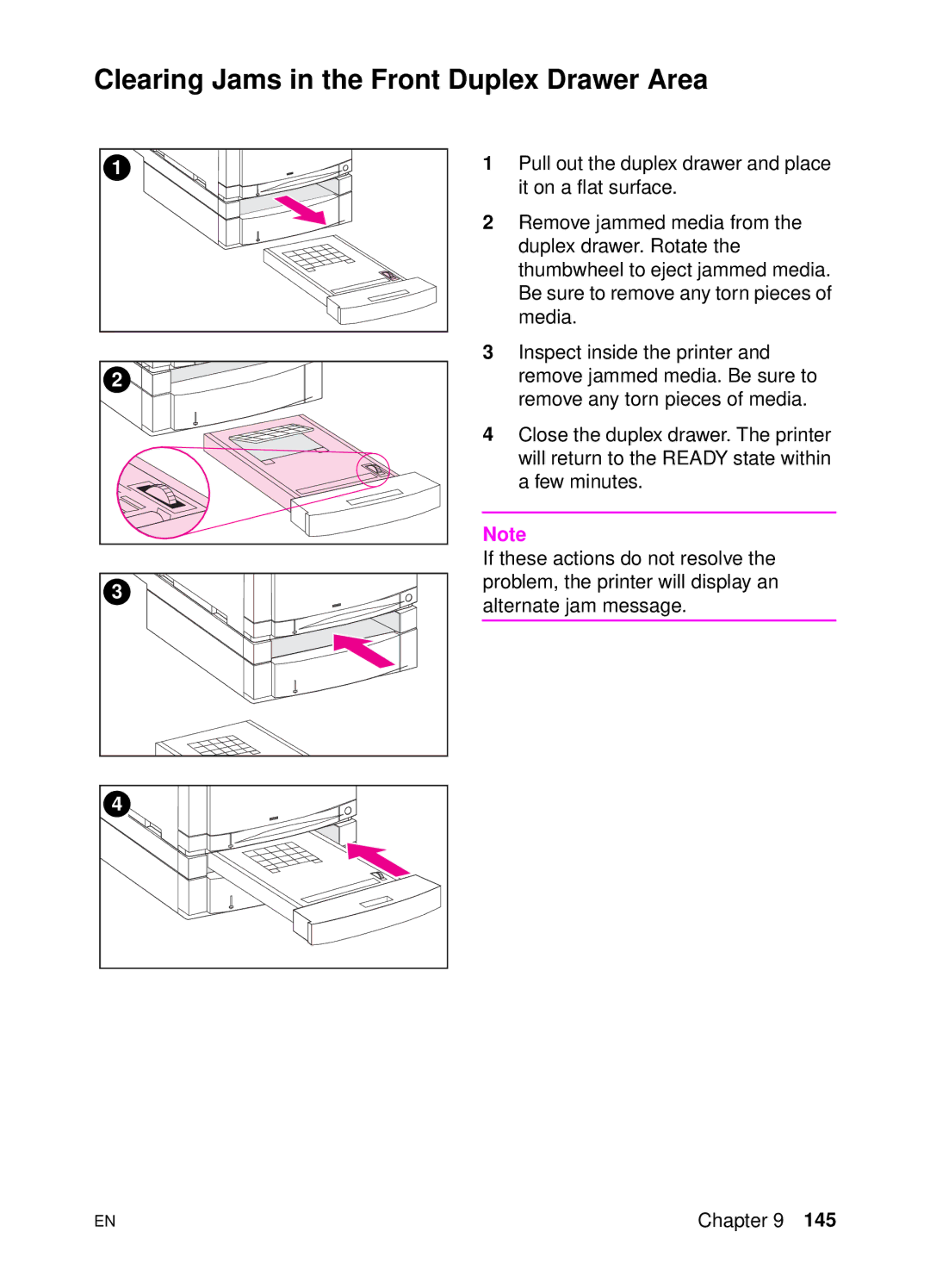 HP 4500 DN manual Clearing Jams in the Front Duplex Drawer Area 