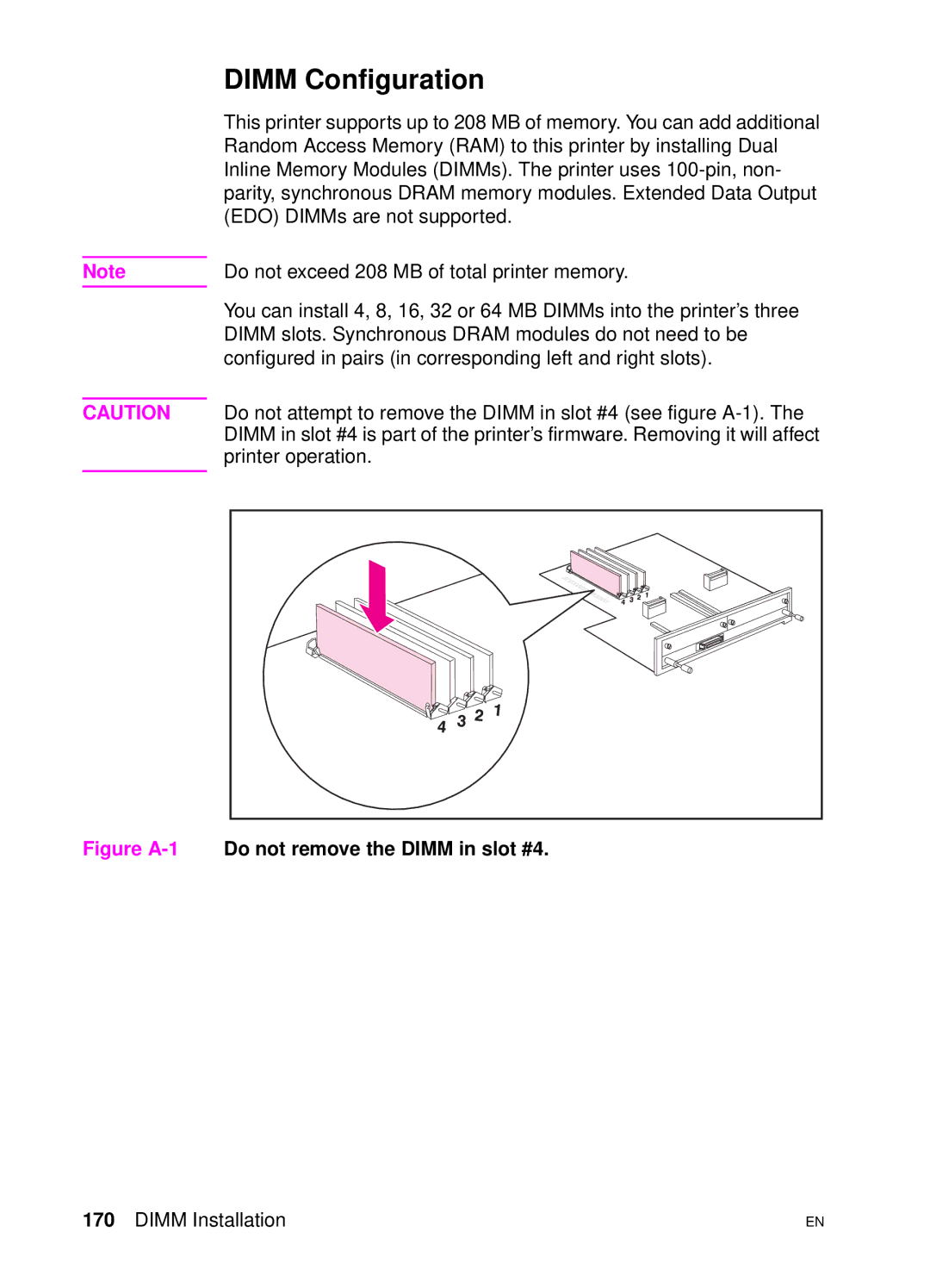 HP 4500 DN manual Dimm Configuration, Do not remove the Dimm in slot #4 