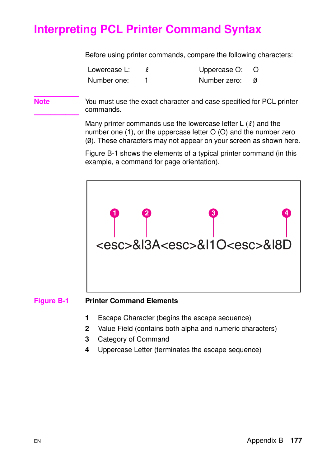 HP 4500 DN manual Interpreting PCL Printer Command Syntax, Figure B-1Printer Command Elements 