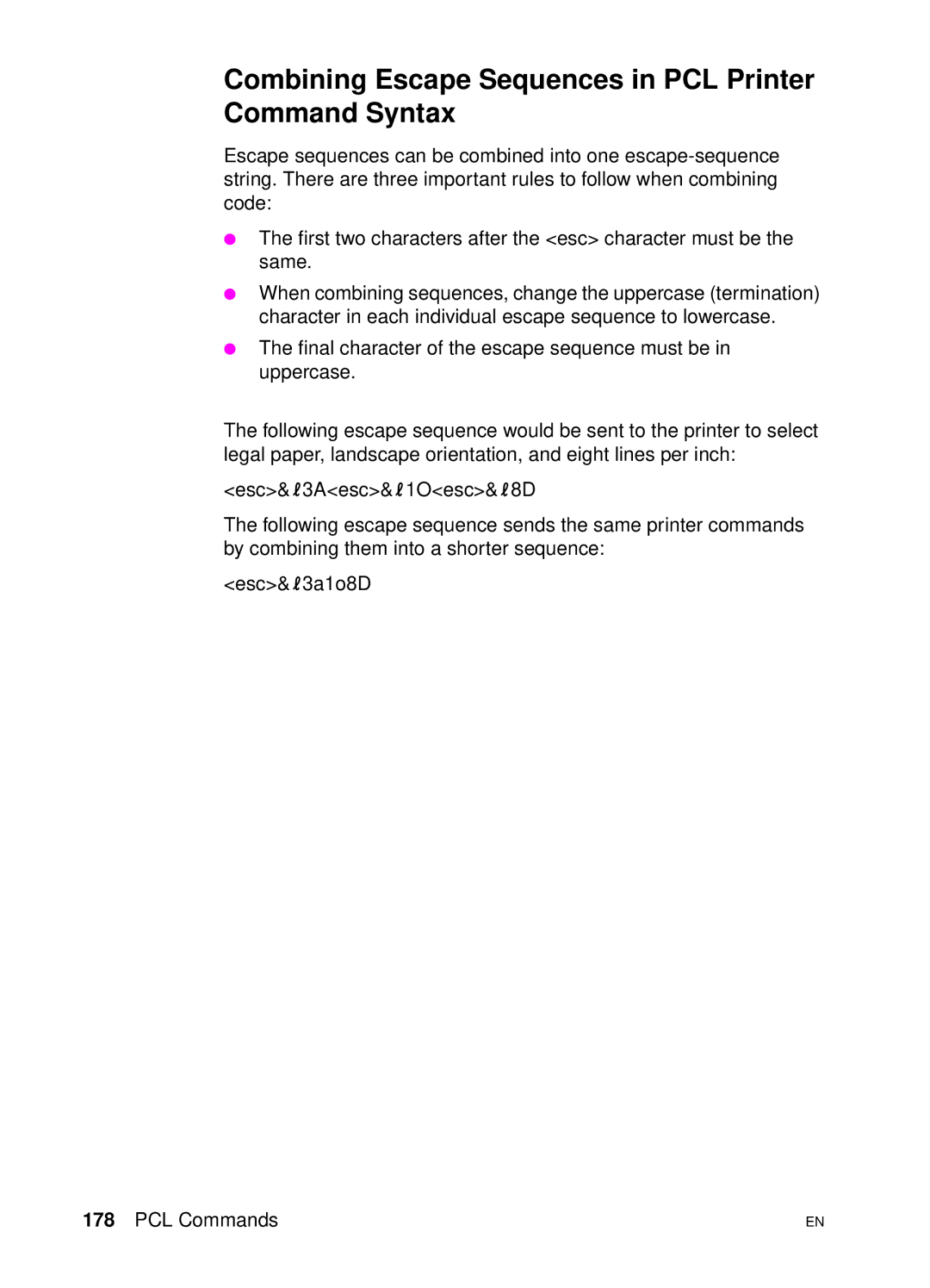 HP 4500 DN manual Combining Escape Sequences in PCL Printer Command Syntax 