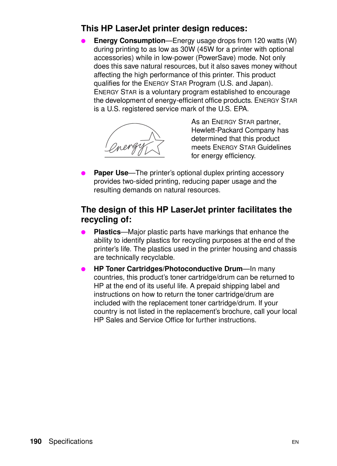 HP 4500 DN manual This HP LaserJet printer design reduces, Design of this HP LaserJet printer facilitates the recycling 