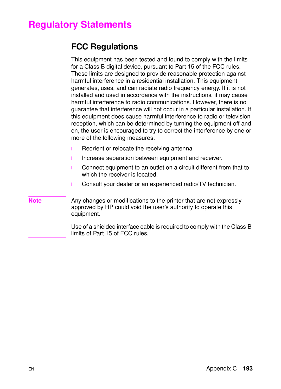 HP 4500 DN manual Regulatory Statements, FCC Regulations 