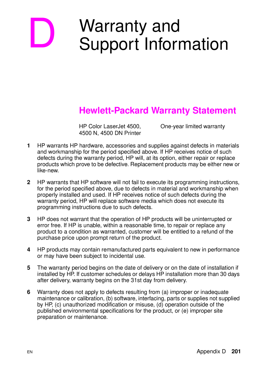 HP 4500 DN manual Support Information, Hewlett-Packard Warranty Statement 