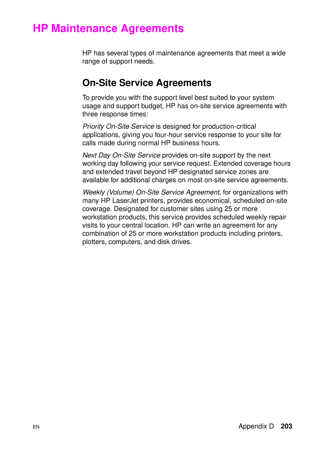 HP 4500 DN manual HP Maintenance Agreements, On-Site Service Agreements 