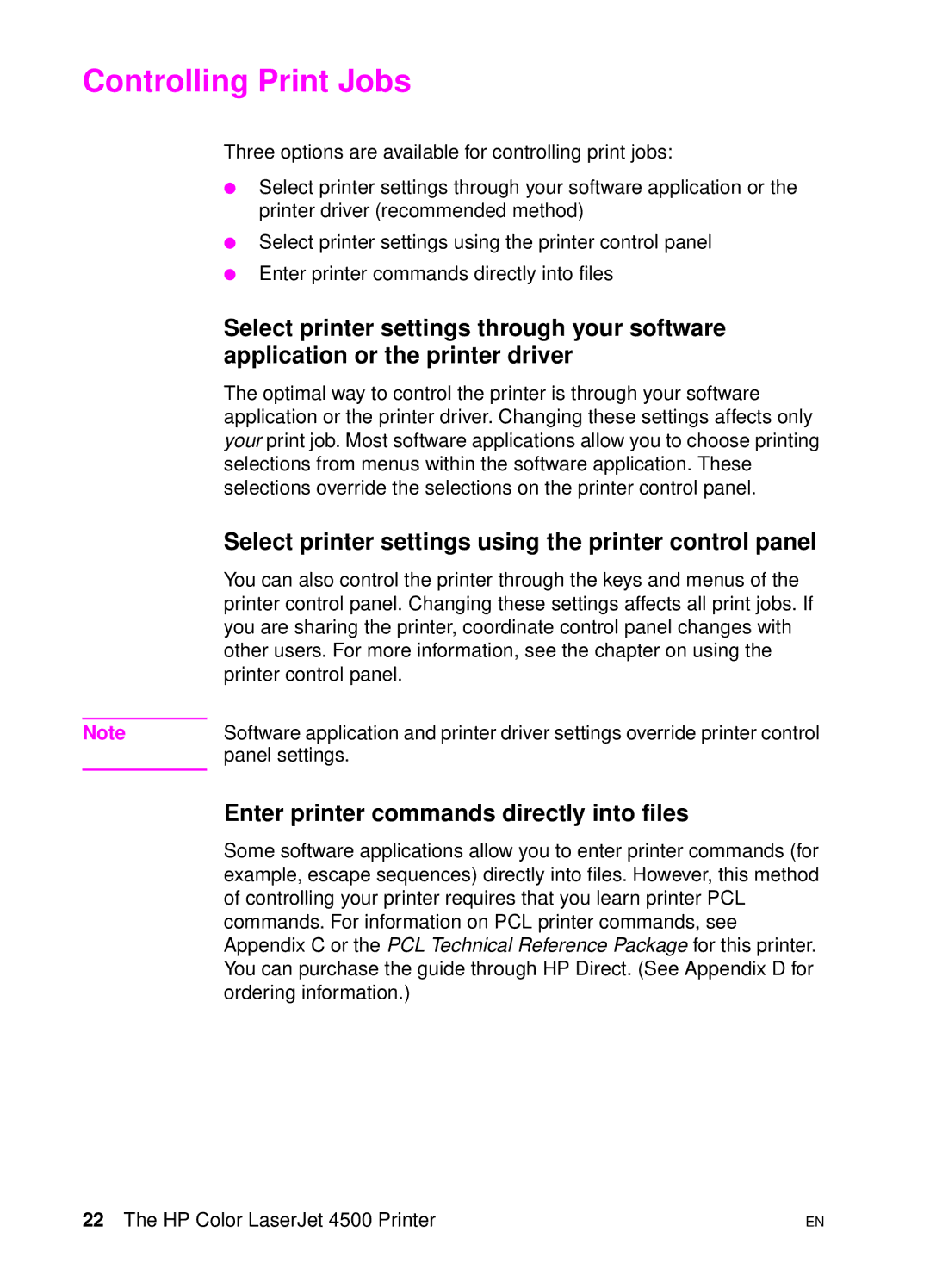 HP 4500 DN manual Controlling Print Jobs, Select printer settings using the printer control panel 