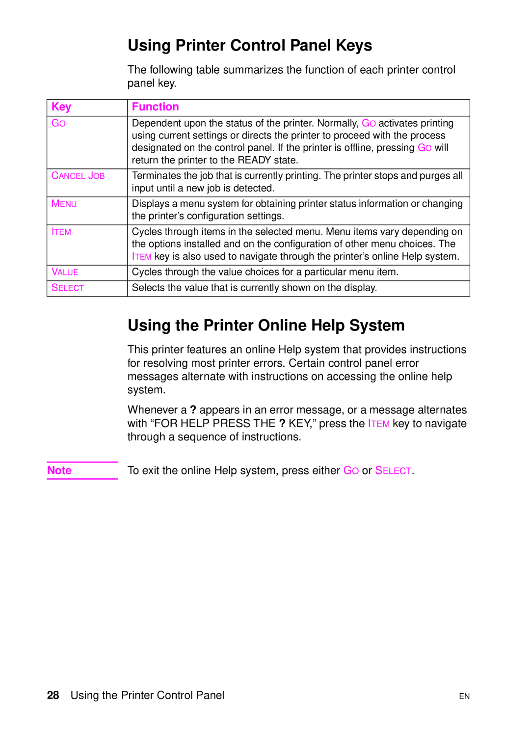 HP 4500 DN manual Using Printer Control Panel Keys, Using the Printer Online Help System 