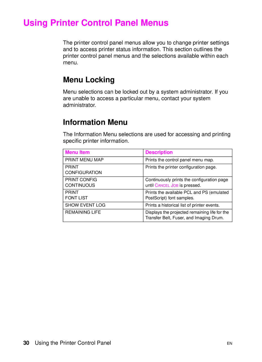 HP 4500 DN manual Using Printer Control Panel Menus, Menu Locking, Information Menu 