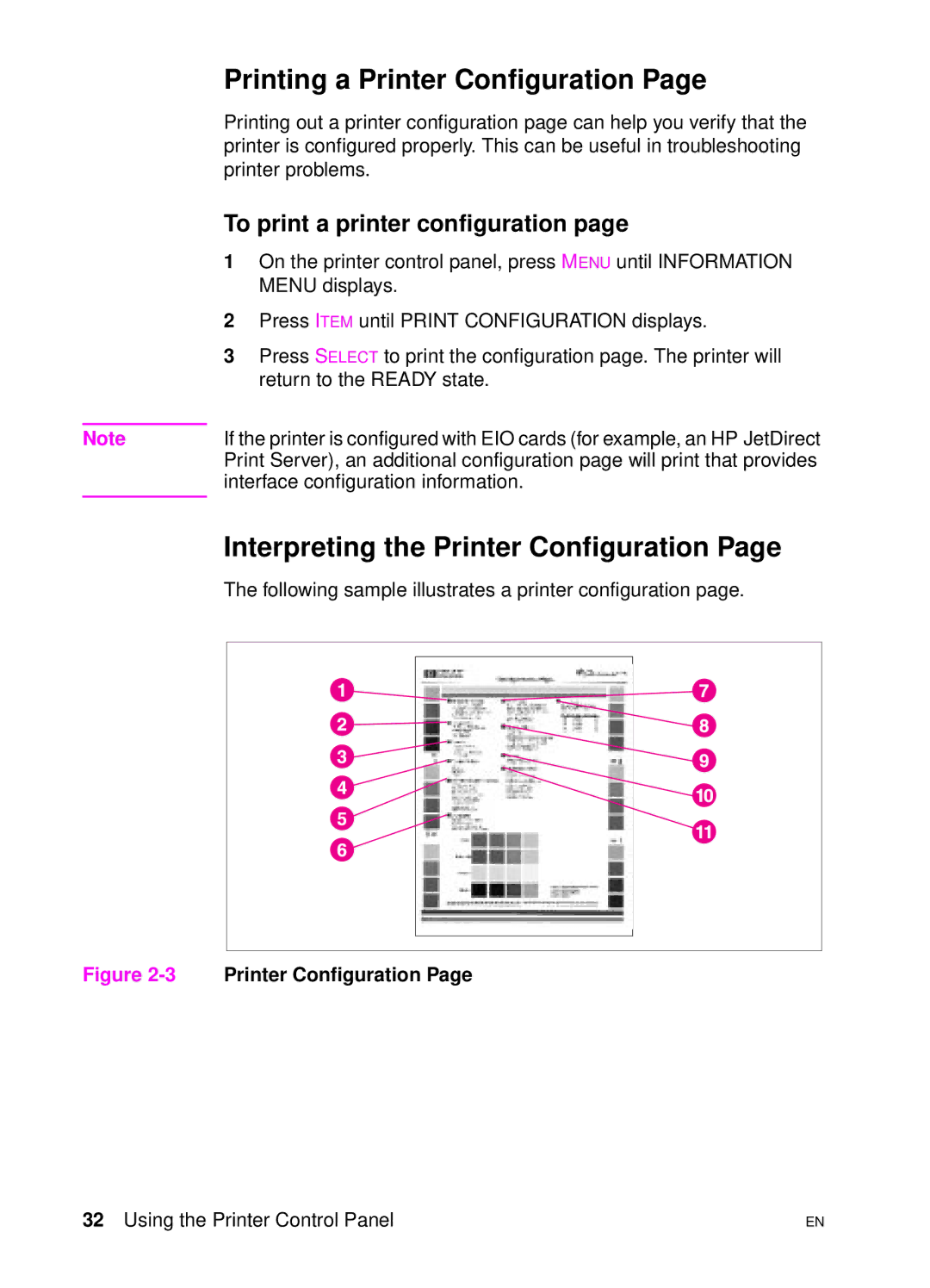 HP 4500 DN Printing a Printer Configuration, Interpreting the Printer Configuration, To print a printer configuration 