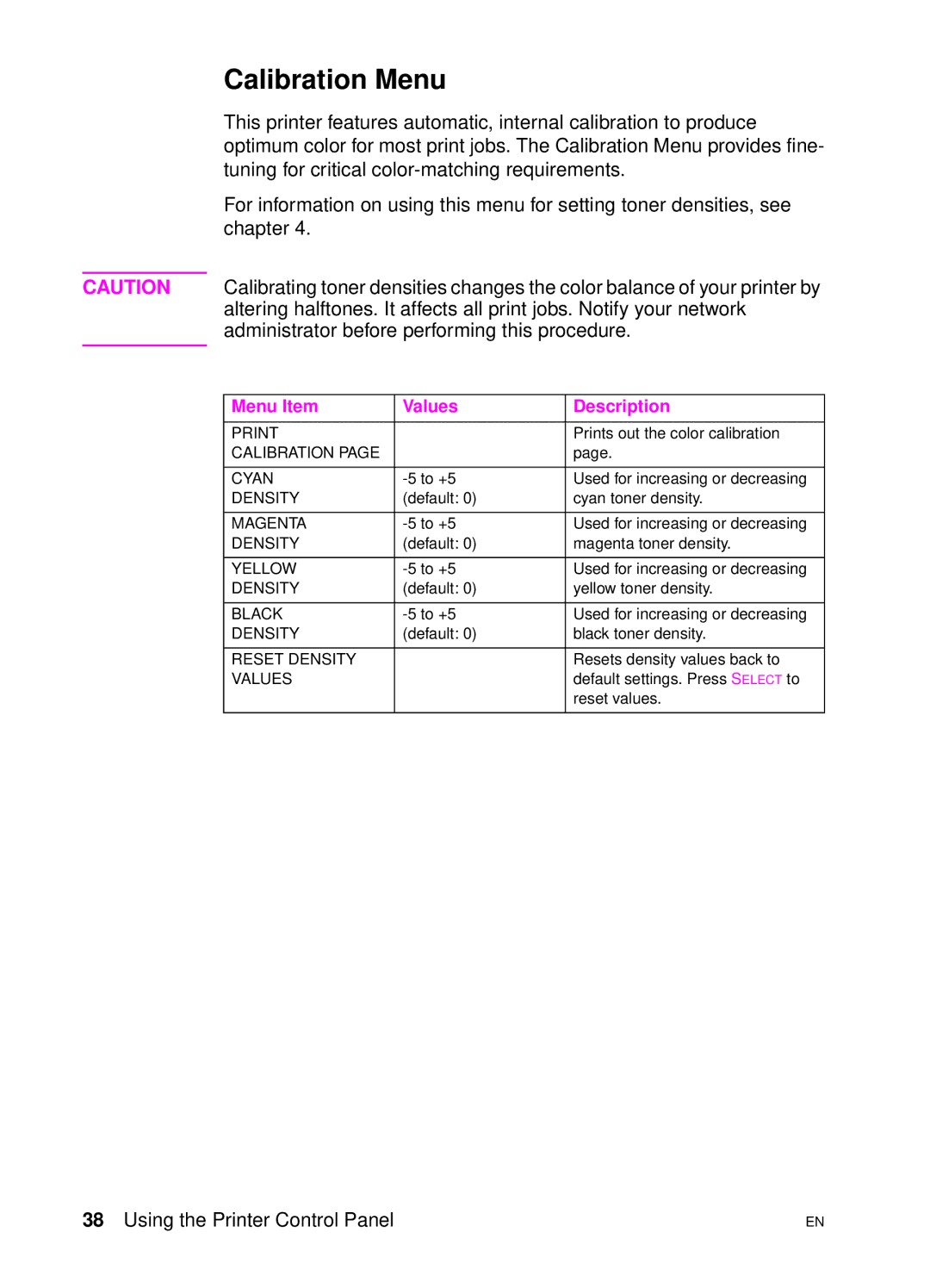 HP 4500 DN manual Calibration Menu 