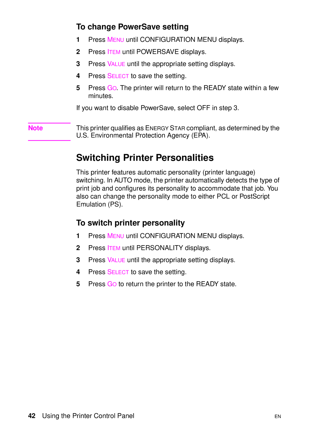 HP 4500 DN manual Switching Printer Personalities, To change PowerSave setting, To switch printer personality 