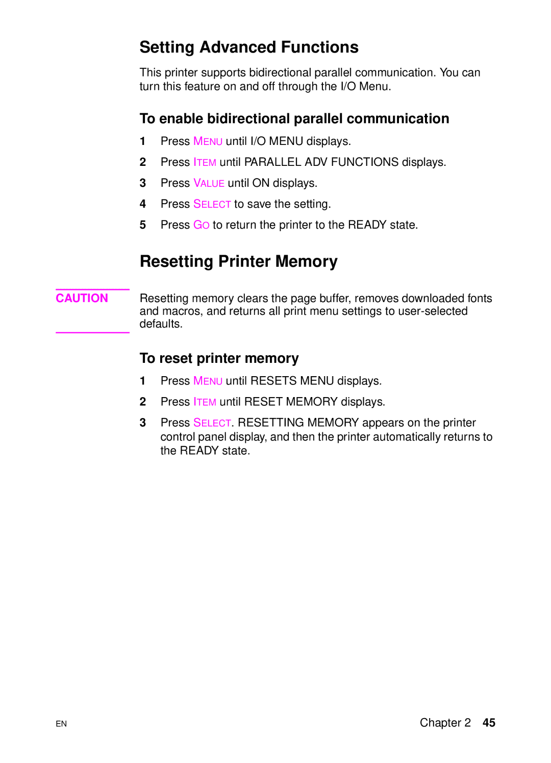 HP 4500 DN manual Setting Advanced Functions, Resetting Printer Memory, To enable bidirectional parallel communication 