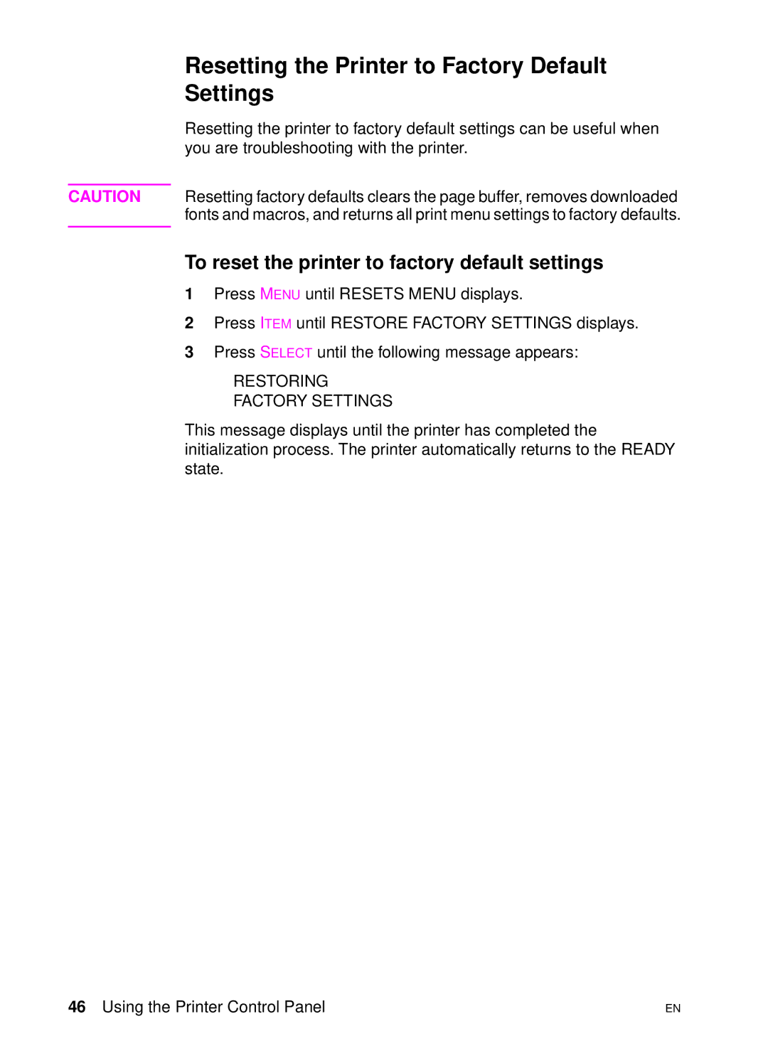 HP 4500 DN manual Resetting the Printer to Factory Default Settings, To reset the printer to factory default settings 