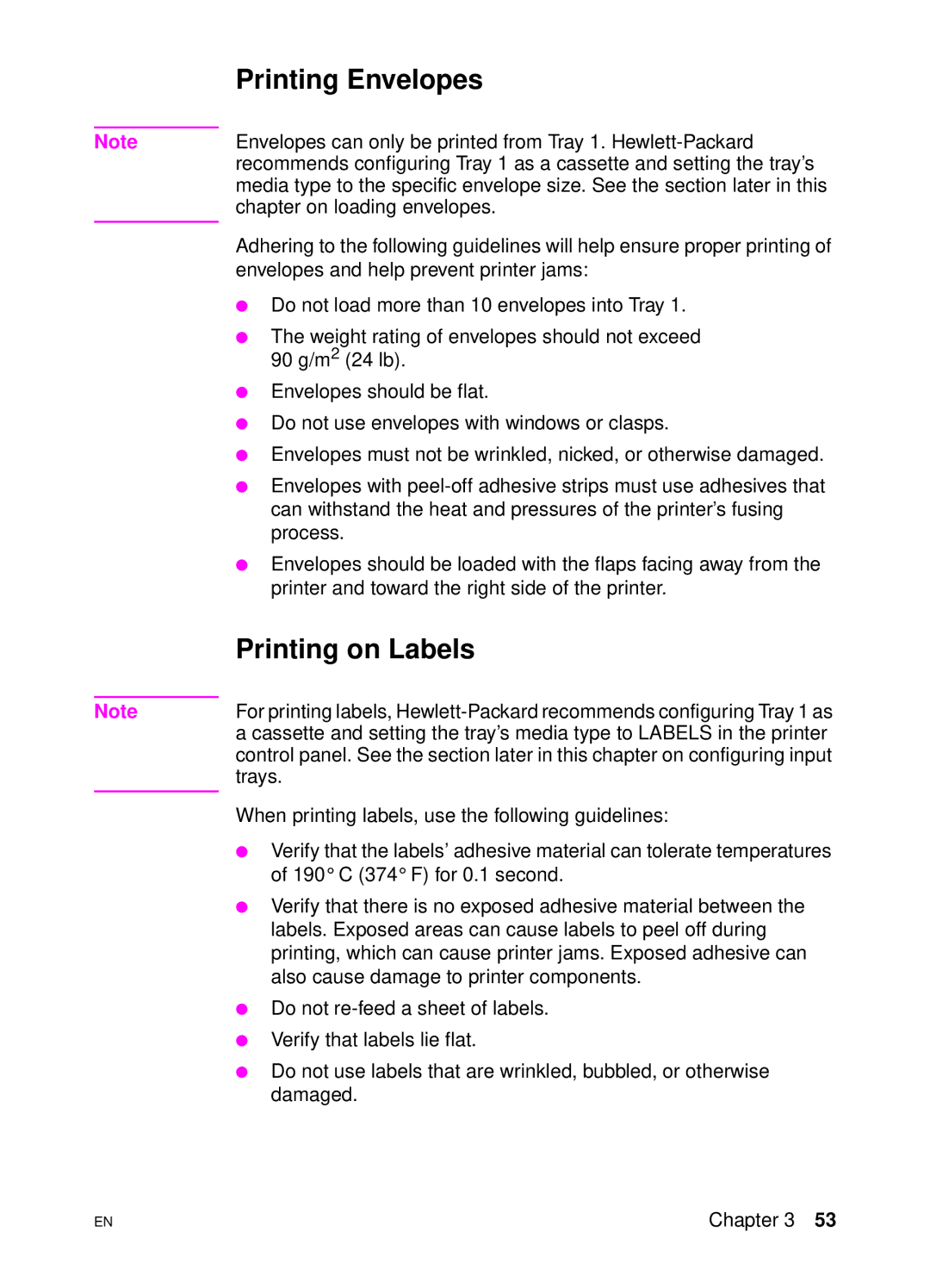 HP 4500 DN manual Printing Envelopes, Printing on Labels 