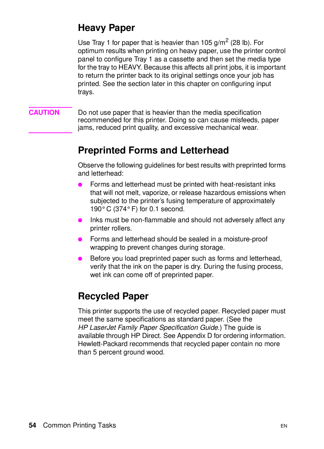 HP 4500 DN manual Heavy Paper, Preprinted Forms and Letterhead, Recycled Paper 