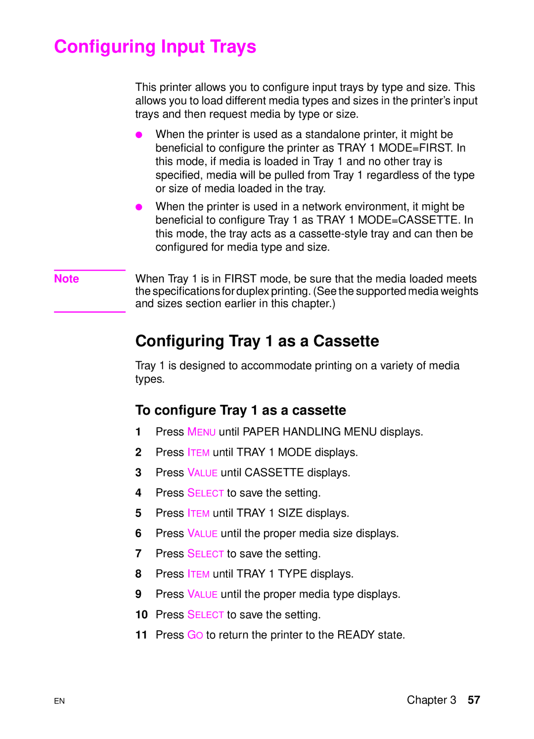 HP 4500 DN manual Configuring Input Trays, Configuring Tray 1 as a Cassette, To configure Tray 1 as a cassette 