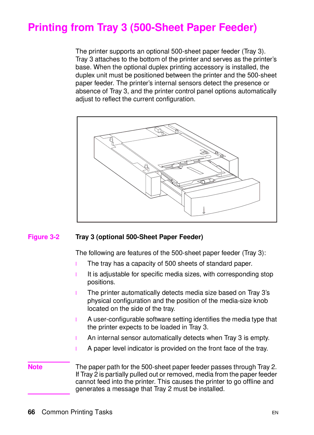 HP 4500 DN manual Printing from Tray 3 500-Sheet Paper Feeder, 2Tray 3 optional 500-Sheet Paper Feeder 