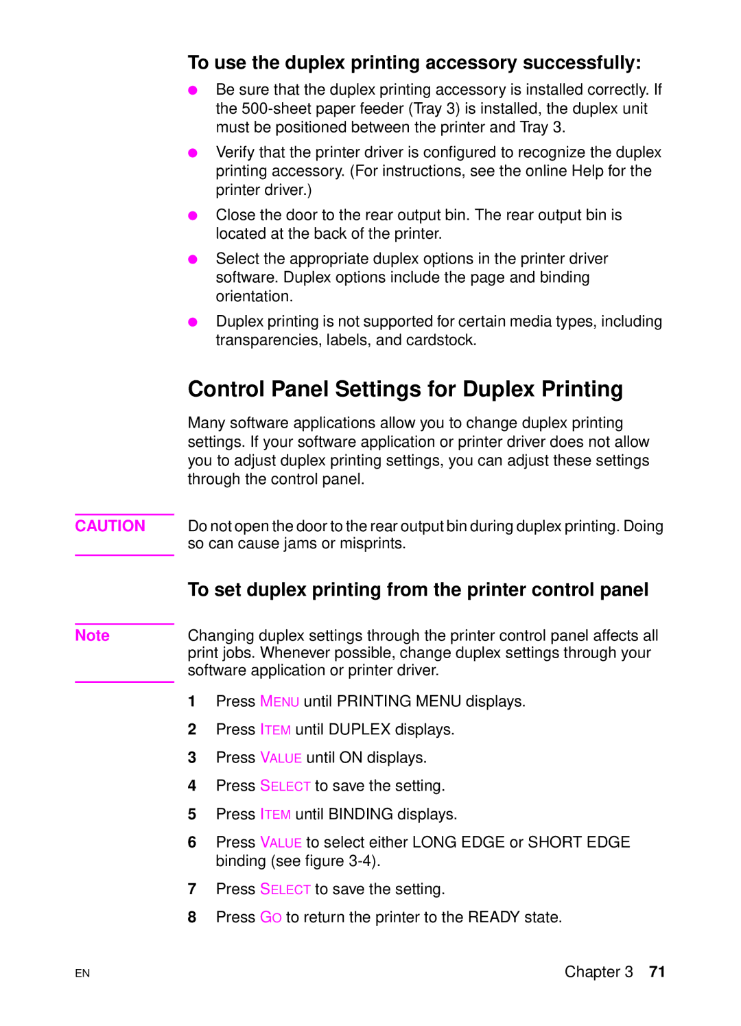 HP 4500 DN manual Control Panel Settings for Duplex Printing, To use the duplex printing accessory successfully 