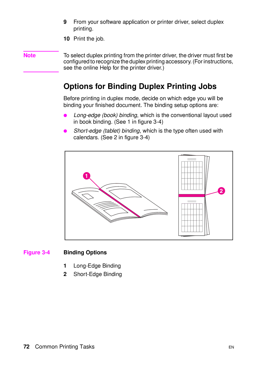 HP 4500 DN manual Options for Binding Duplex Printing Jobs, 4Binding Options 