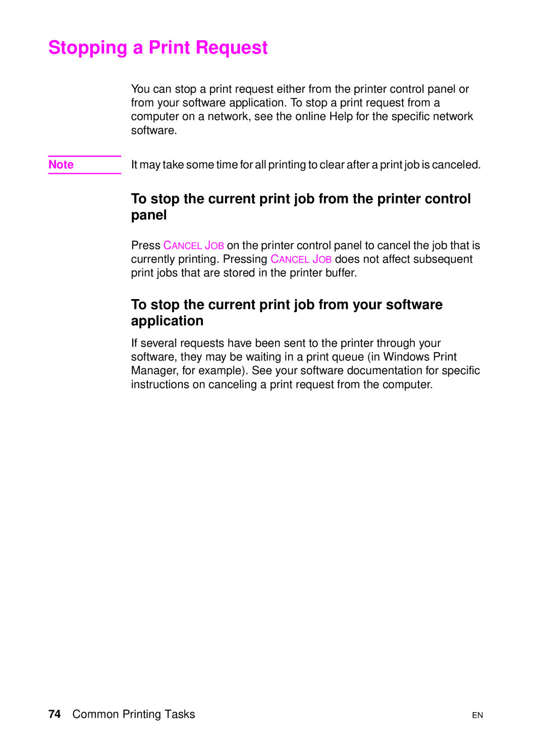 HP 4500 DN manual Stopping a Print Request, To stop the current print job from the printer control, Panel, Application 