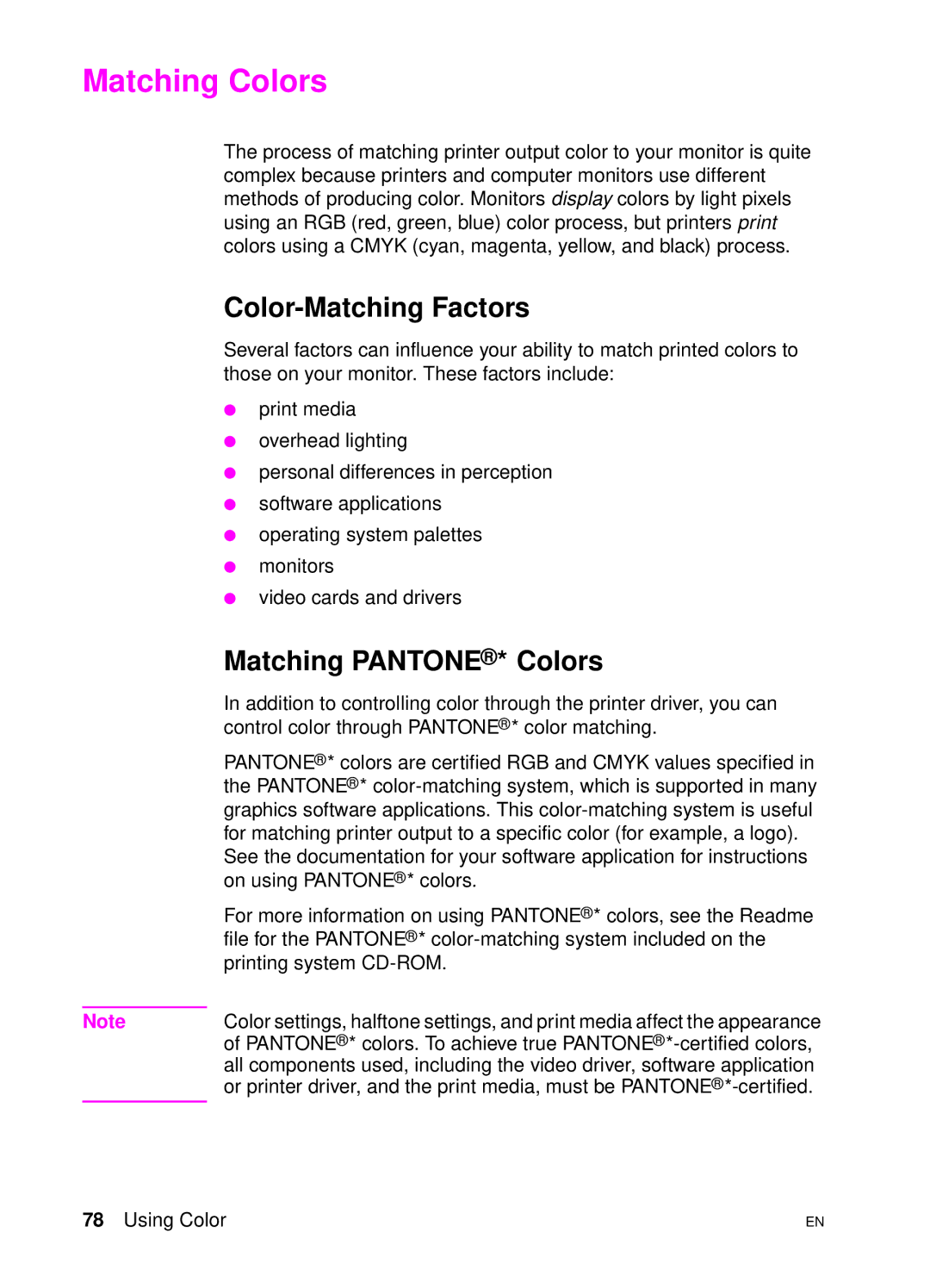 HP 4500 DN manual Matching Colors, Color-Matching Factors, Matching Pantone * Colors 