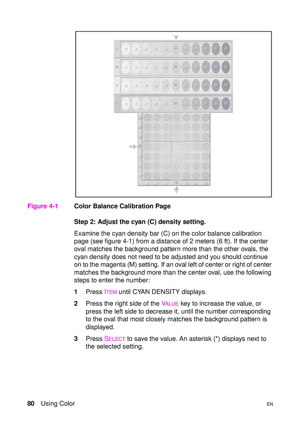 HP 4500 DN manual 1Color Balance Calibration Adjust the cyan C density setting 