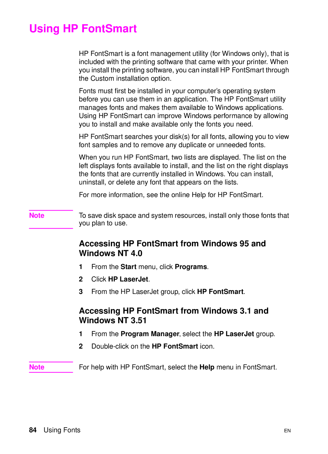 HP 4500 DN manual Using HP FontSmart, Accessing HP FontSmart from Windows 95 and Windows NT, Click HP LaserJet 