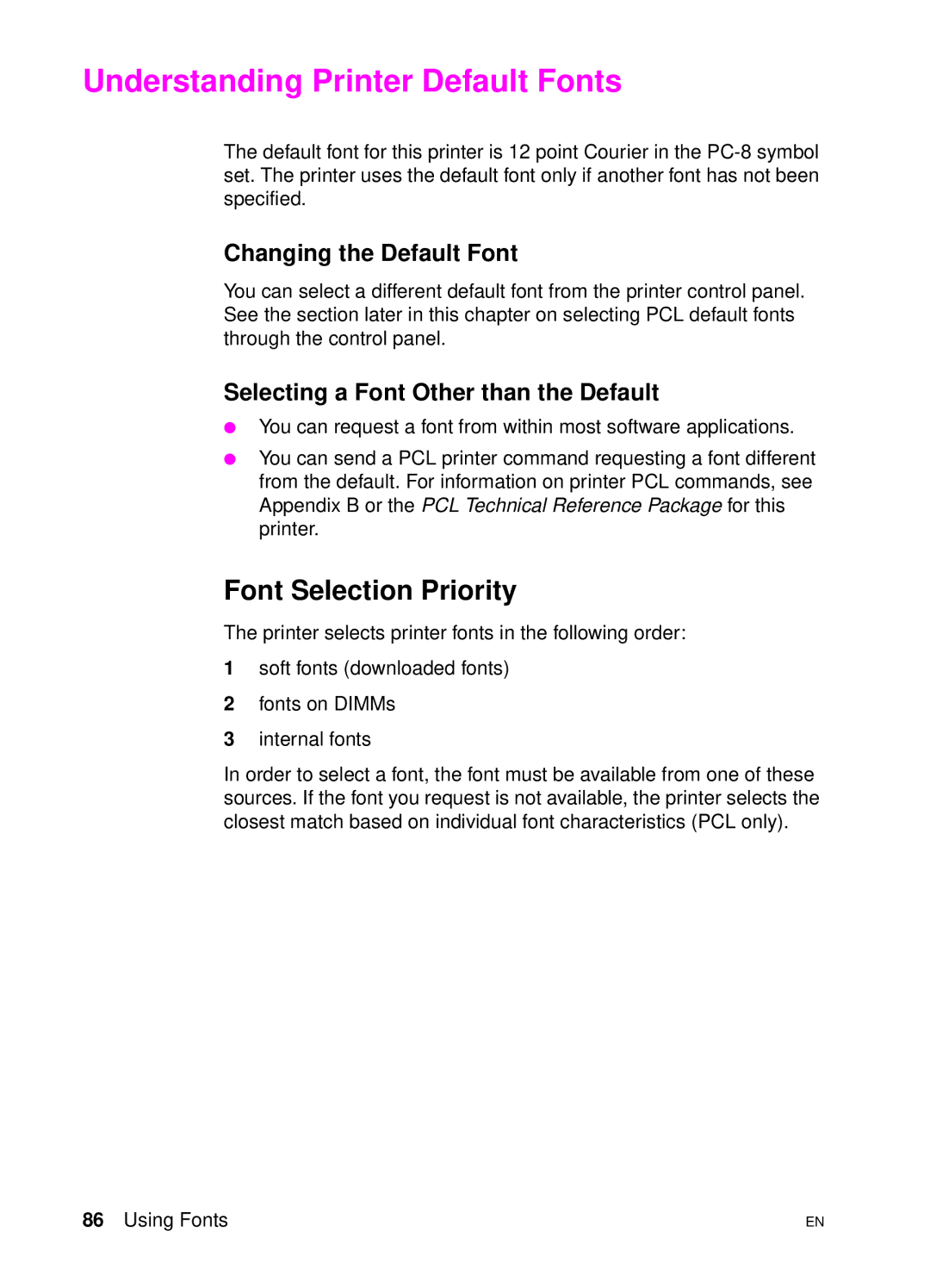 HP 4500 DN manual Understanding Printer Default Fonts, Font Selection Priority, Changing the Default Font 