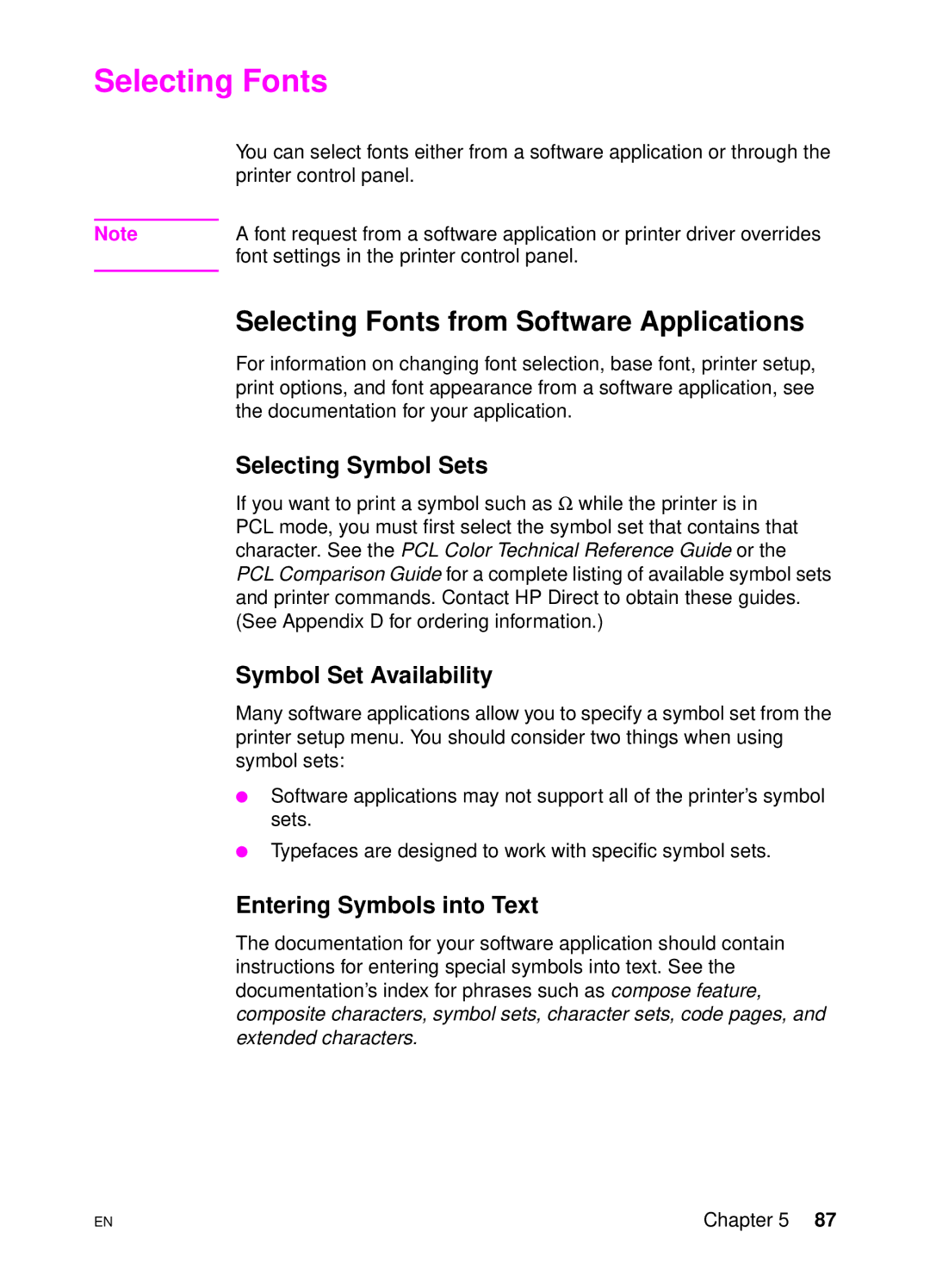 HP 4500 DN manual Selecting Fonts from Software Applications, Selecting Symbol Sets, Symbol Set Availability 