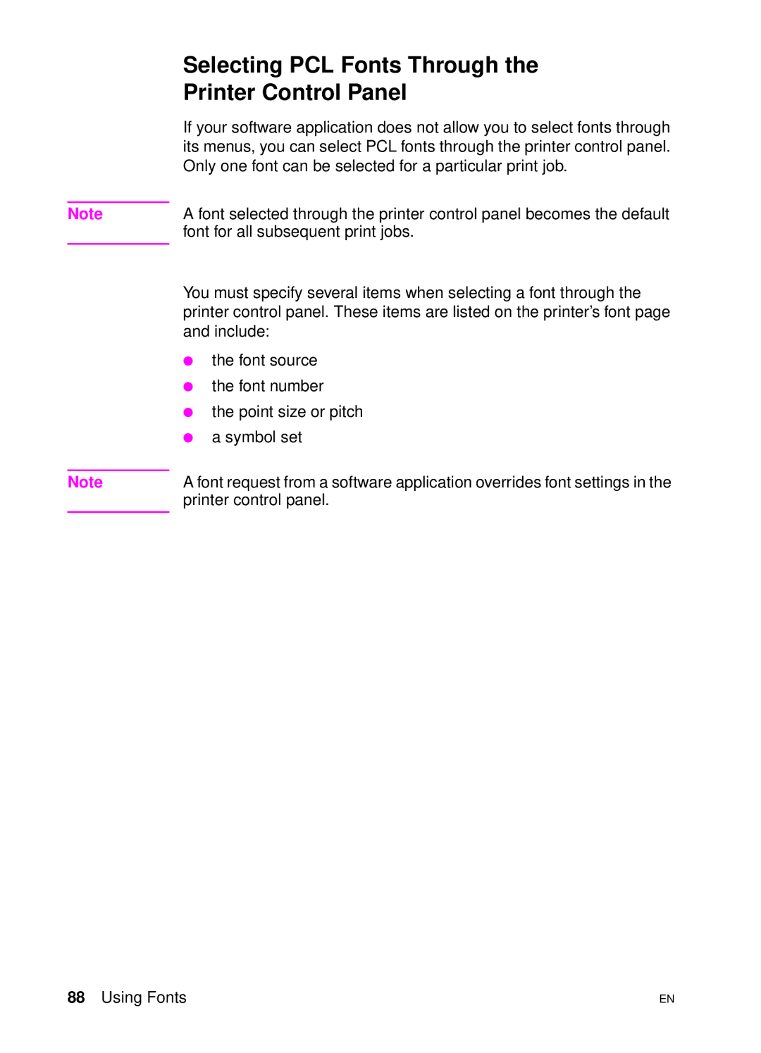 HP 4500 DN manual Selecting PCL Fonts Through Printer Control Panel 