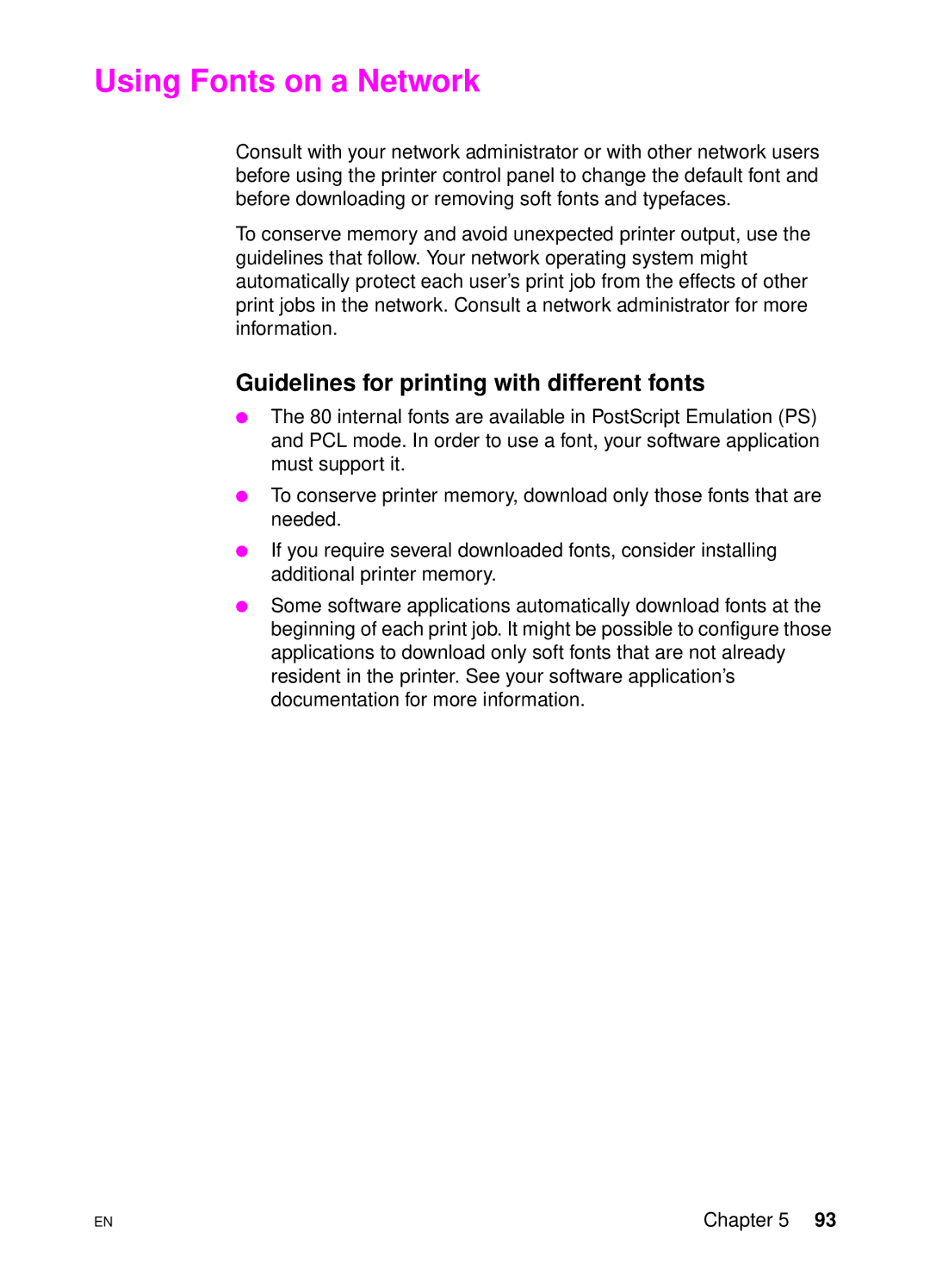 HP 4500 DN manual Using Fonts on a Network, Guidelines for printing with different fonts 