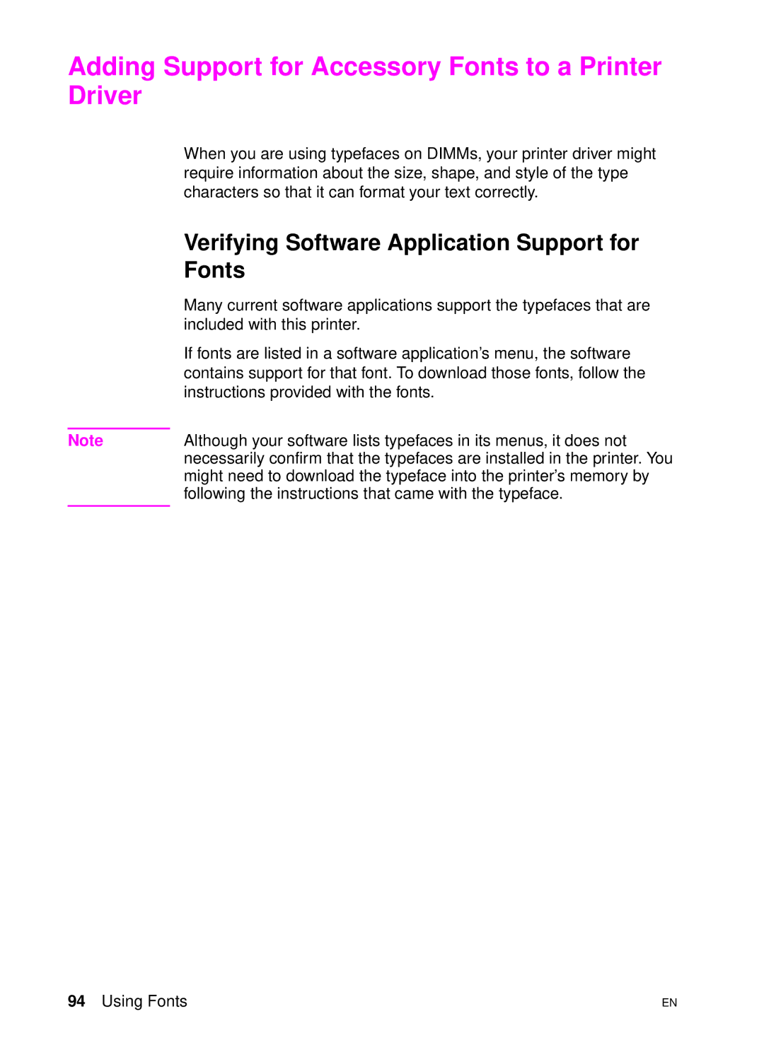 HP 4500 DN manual Adding Support for Accessory Fonts to a Printer Driver, Verifying Software Application Support for 