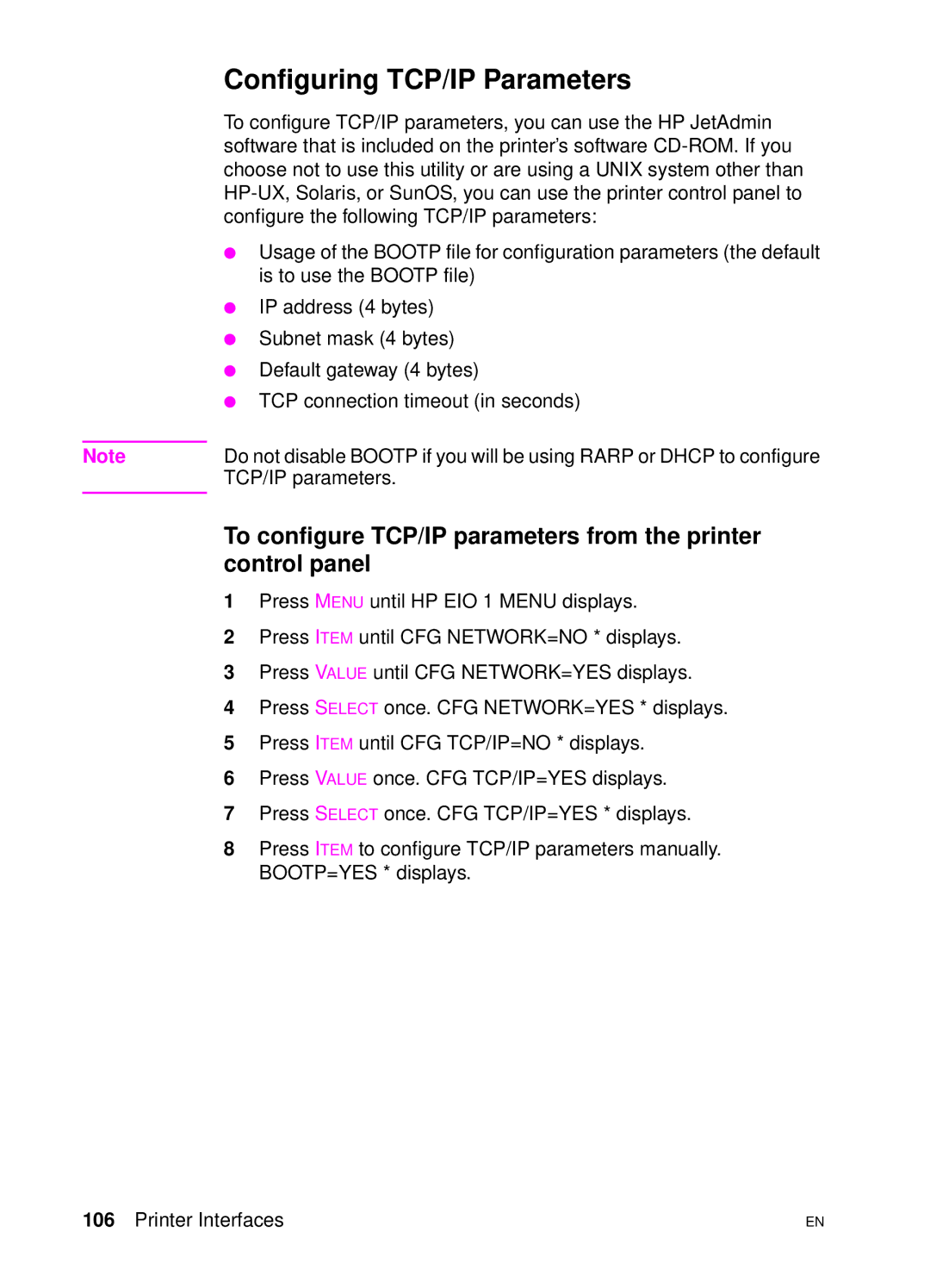 HP 4500 N manual Configuring TCP/IP Parameters 