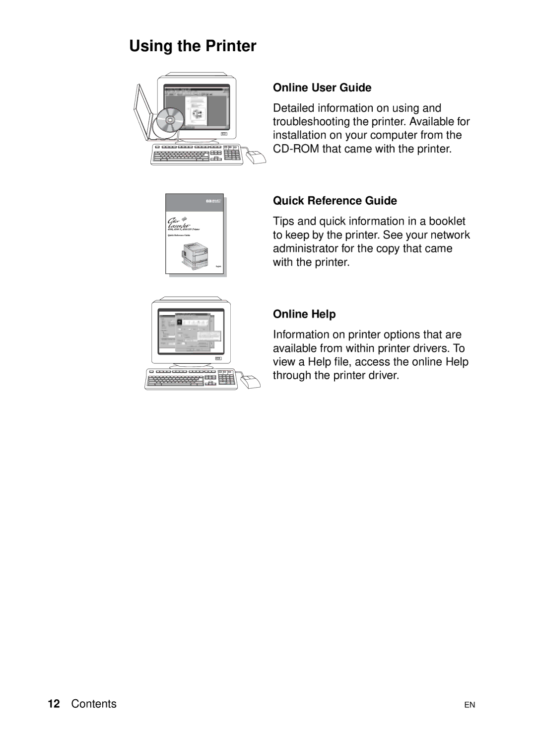 HP 4500 N manual Using the Printer, Online User Guide, Quick Reference Guide, Online Help 